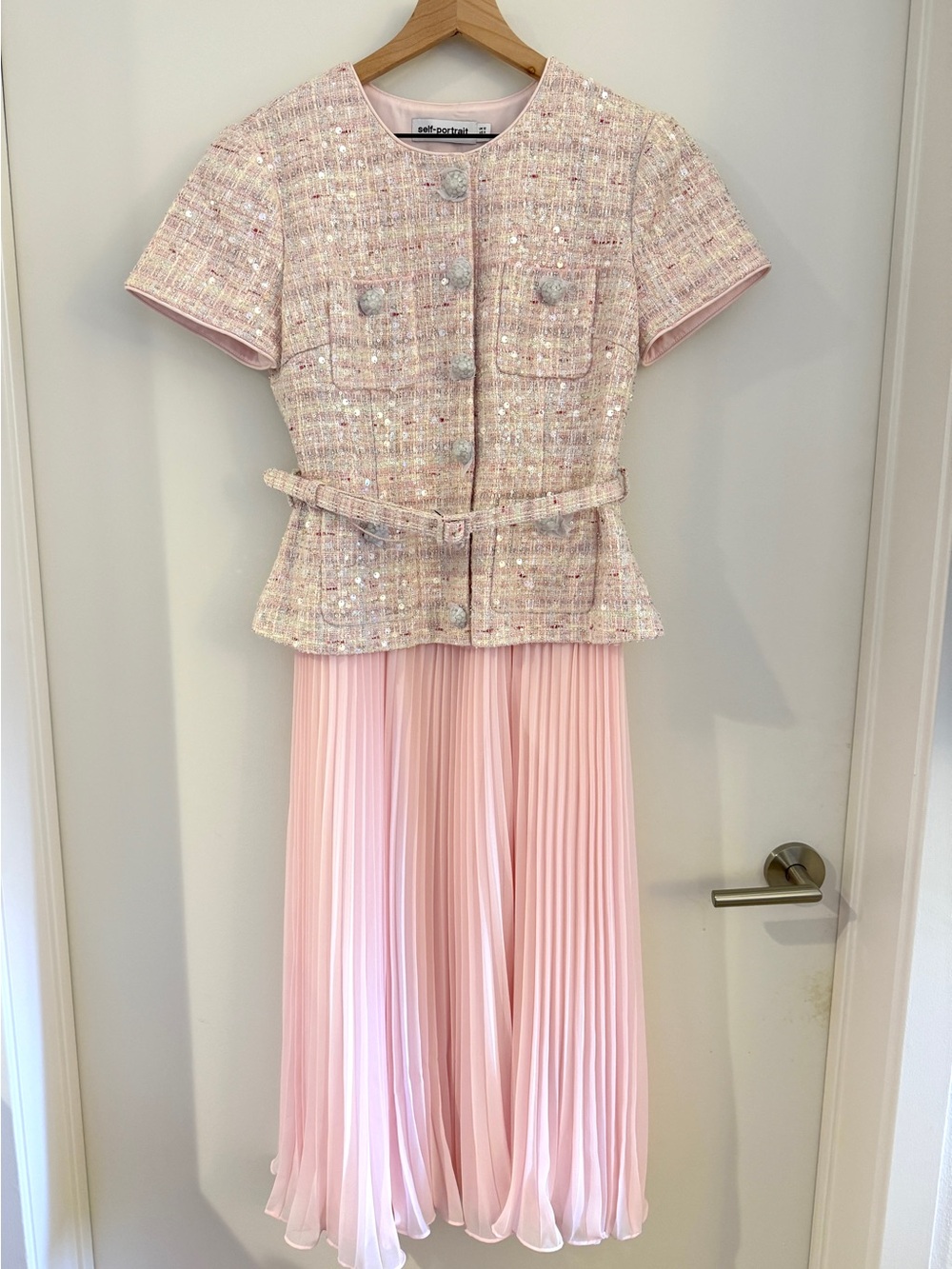 Self-Portrait NWOT PINK SEQUIN BOUCLE TAILORED MIDI DRESS - Picture 10 of 12